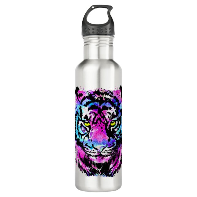 Neon Pink Tiger Head Portrait - Tiger Water Bottle (Front)