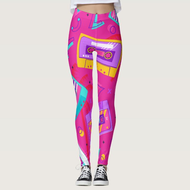 Neon Pink Trendy 80's Cassette Music Leggings (Front)