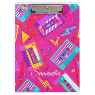 Neon Pink Trendy 80's cassette Name  Clipboard