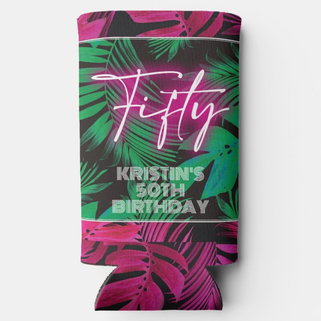 Neon Pink Tropical 50th Birthday Seltzer Can Cooler (Back)