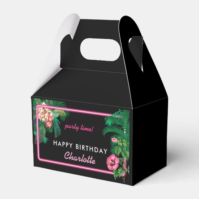 Neon Pink Tropical Botanicals Birthday Party Favour Box (Front Side)