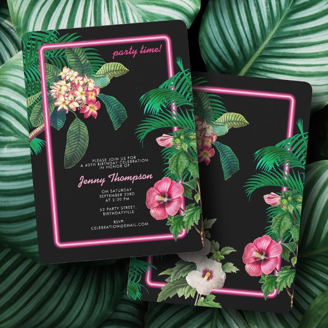 Neon Pink Tropical Botanicals Birthday Party Invitation (Neon Pink Tropical Botanicals Birthday Party Invitation)