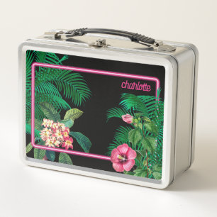 Neon Pink Tropical Botanicals Monogram Metal Lunch Box