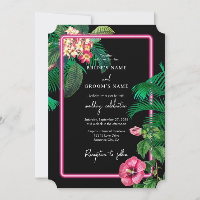 Neon Pink Tropical Retro Botanicals Wedding Invitation (Front)