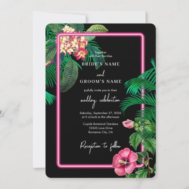 Neon Pink Tropical Retro Botanicals Wedding Invitation (Front)