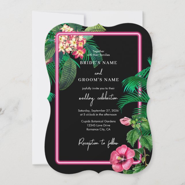 Neon Pink Tropical Retro Botanicals Wedding Invitation (Front)