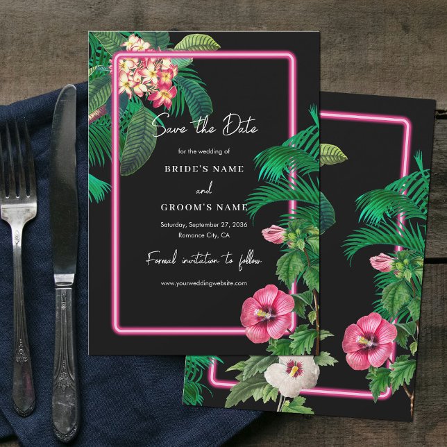 Neon Pink Tropical Retro Botanicals Wedding Save The Date (Neon Pink Tropical Retro Botanicals Wedding Save The Date)