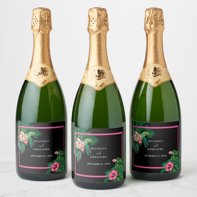 Neon Pink Tropical Retro Botanicals Wedding Sparkling Wine Label (Bottles)