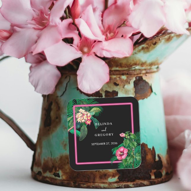 Neon Pink Tropical Retro Botanicals Wedding Square Sticker (Neon Pink Tropical Retro Botanicals Wedding Square Sticker)