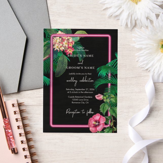 Neon Pink Tropical Retro Botanicals Wedding Vellum Invitations (Wedding)