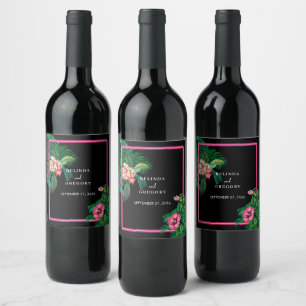 Neon Pink Tropical Retro Botanicals Wedding Wine Label