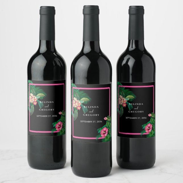 Neon Pink Tropical Retro Botanicals Wedding Wine Label (Bottles)