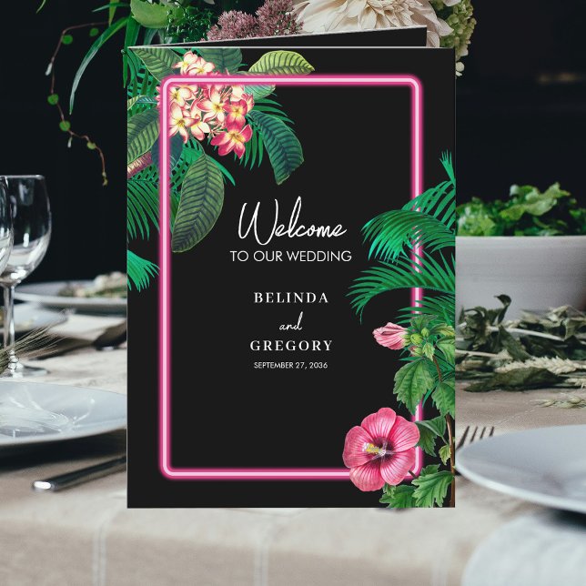 Neon Pink Tropical Retro Wedding Order of Service Programme (Neon Pink Tropical Retro Wedding Order of Service Program)