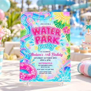 Neon Pink Water Park Birthday Party Invitation