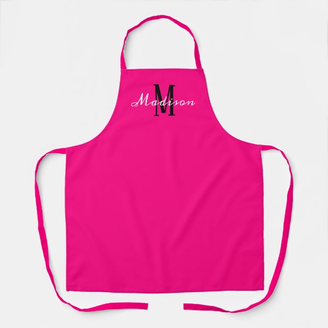 Neon Pink White Script Monogram Personalised Apron (Front)
