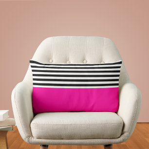Neon Pink With Black and White Stripes Lumbar Cushion