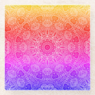 Neon Pink Yellow Blue Mandala Kaleidoscopic Motif Glass Coaster