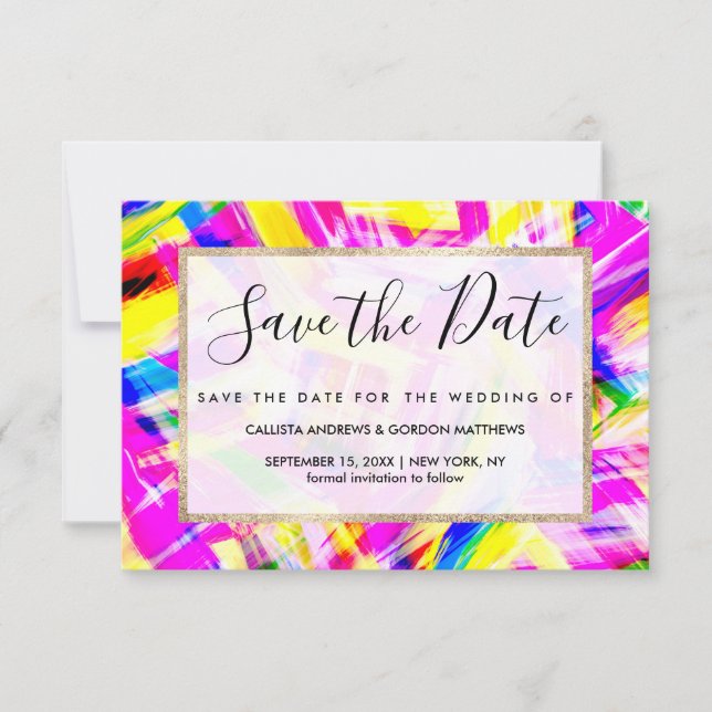Neon Pink Yellow Brushstroke Explosion Art Save The Date (Front)