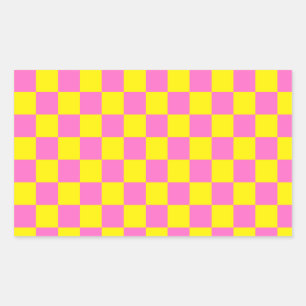 Neon Pink Yellow Chequered Chequerboard Vintage Rectangular Sticker