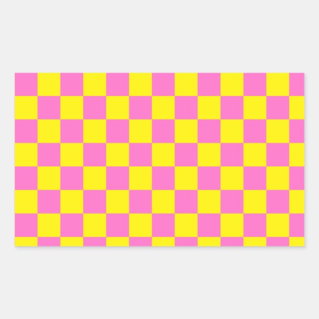 Neon Pink Yellow Chequered Chequerboard Vintage Rectangular Sticker (Front)