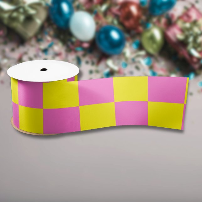 Neon Pink Yellow Chequered Chequerboard Vintage Satin Ribbon (Creator Uploaded)