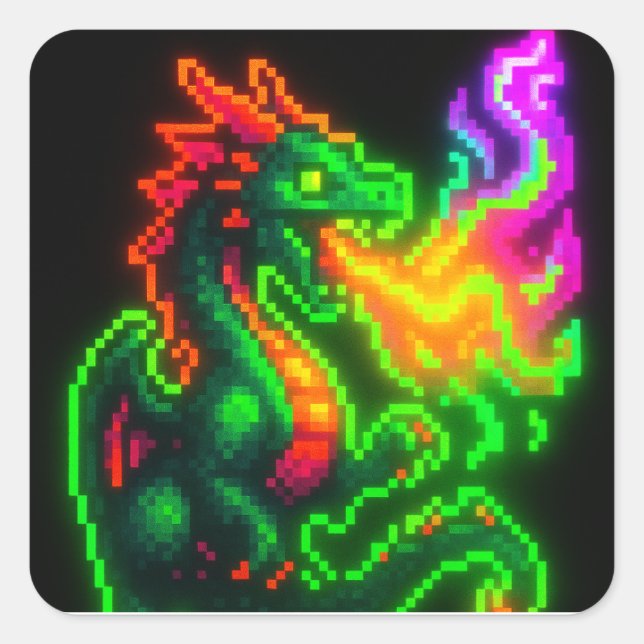 Neon Pixel Dragon – Retro Arcade Flame Design Square Sticker (Front)