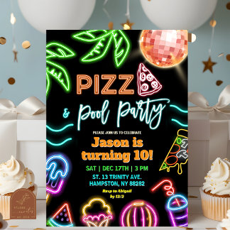 Neon Pizza Pool Party Kids Birthday Invitation