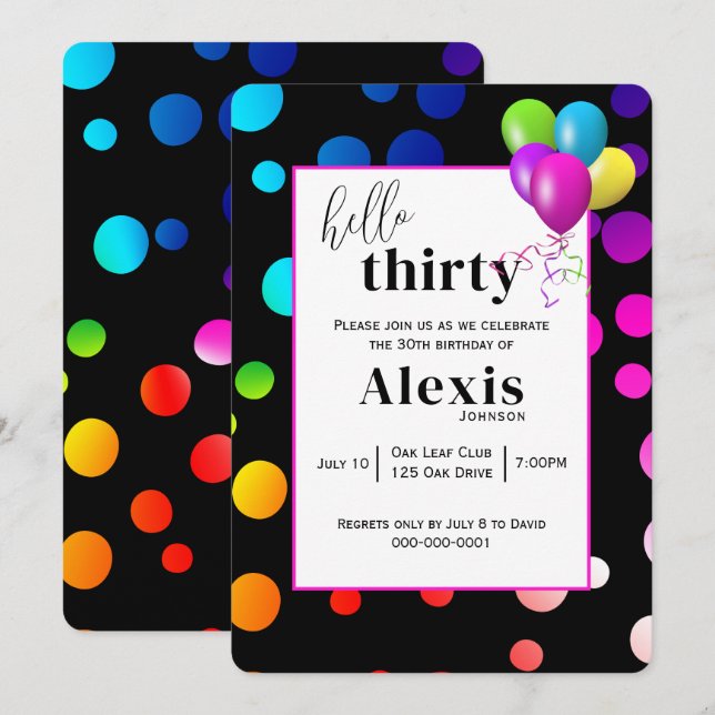 Neon Polka Dots for 30th Birthday Party Invitation (Front/Back)