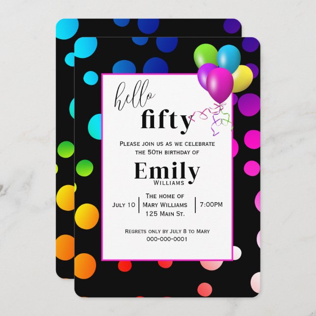 Neon Polka Dots for 50th Birthday Party Invitation (Front/Back)