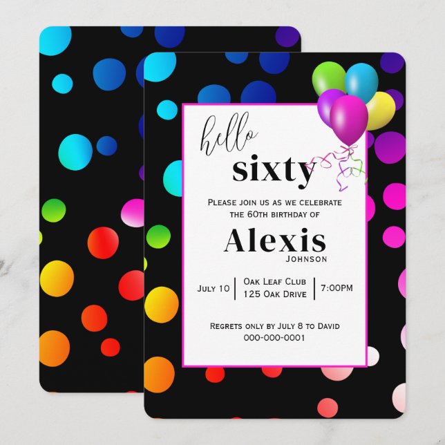 Neon Polka Dots for 60th Birthday Party Invitation (Front/Back)