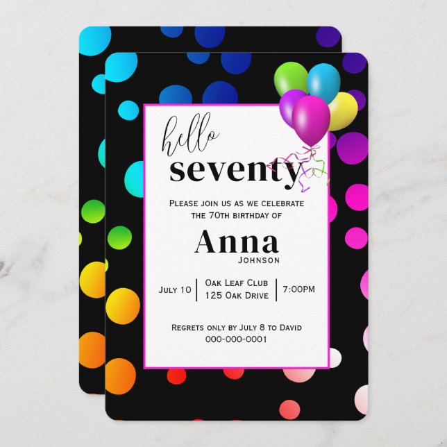 Neon Polka Dots for 70th Birthday Party Invitation (Front/Back)