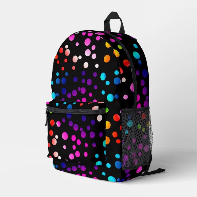 Neon Polka Dotson Black Printed Backpack (Back Corner Right)