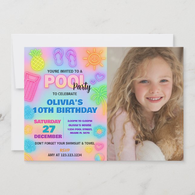 Neon Pool Birthday Invitation with photo (Front)