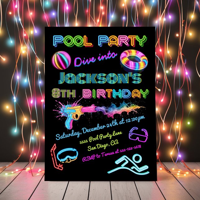 Neon Pool Party Birthday Party Invitation (Creator Uploaded)