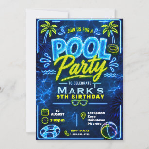 Neon Pool Party Boy Birthday Invitation