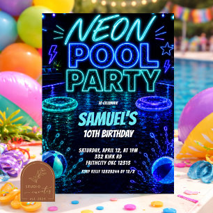 Neon Pool Party Boy Teenager Invitation