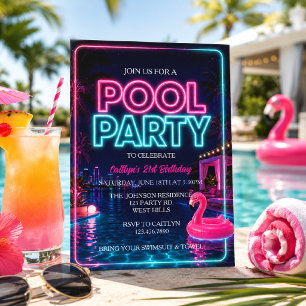 Neon Pool Party, Swim Summer Party Invitation