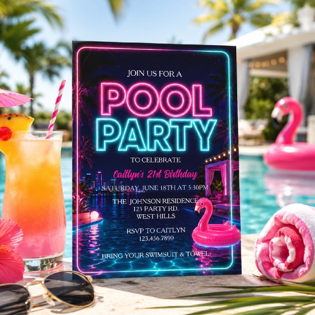 Neon Pool Party, Swim Summer Party Invitation (Creator Uploaded)