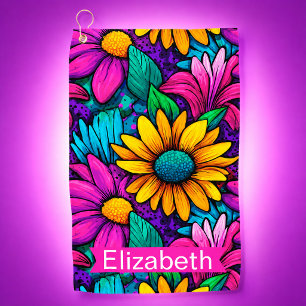Neon Pop Art Daisy Flower Personalised Golf Towel