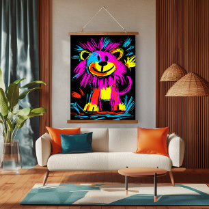 Neon Pop Art Modern Lion: Vibrant and Playful Hanging Tapestry