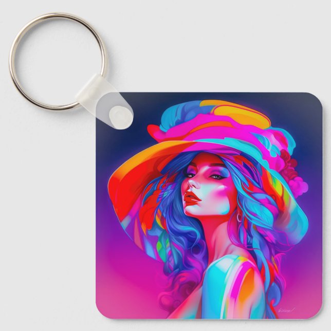Neon Pop Art Portrait  Key Ring (Front)