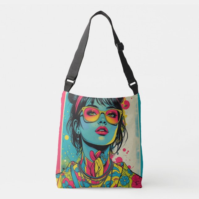 Neon Pop Diva Portrait – Bold & Vibrant Retro Art Crossbody Bag (Front)