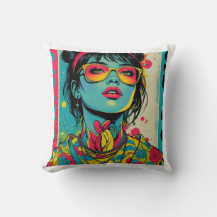 Neon Pop Diva Portrait – Bold & Vibrant Retro Art Cushion