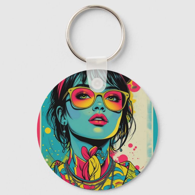 Neon Pop Diva Portrait – Bold & Vibrant Retro Art Key Ring (Front)