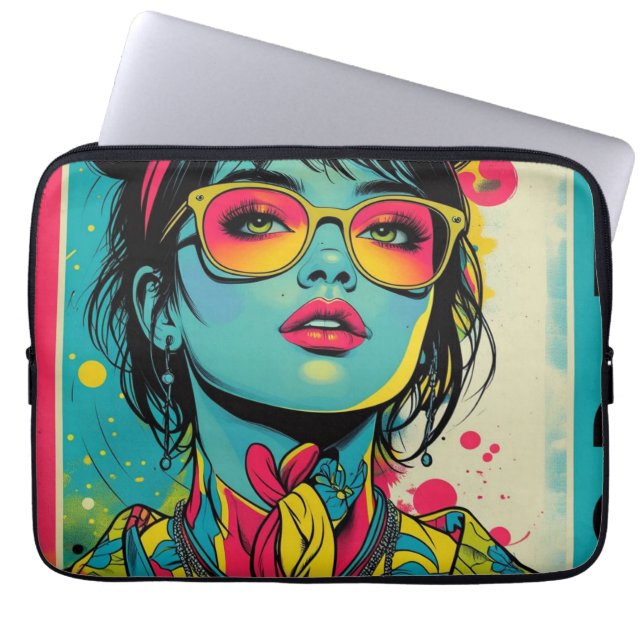 Neon Pop Diva Portrait – Bold & Vibrant Retro Art Laptop Sleeve (Front)
