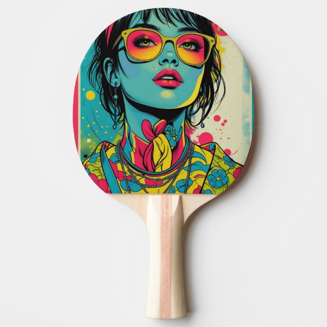 Neon Pop Diva Portrait – Bold & Vibrant Retro Art Ping Pong Paddle (Front)