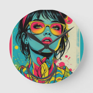Neon Pop Diva Portrait – Bold & Vibrant Retro Art Round Clock