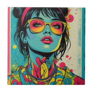 Neon Pop Diva Portrait – Bold & Vibrant Retro Art Tile