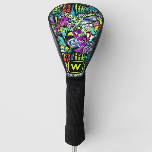 Neon Pop Music Graffiti Street Art Monogrammed Golf Head Cover (Front)