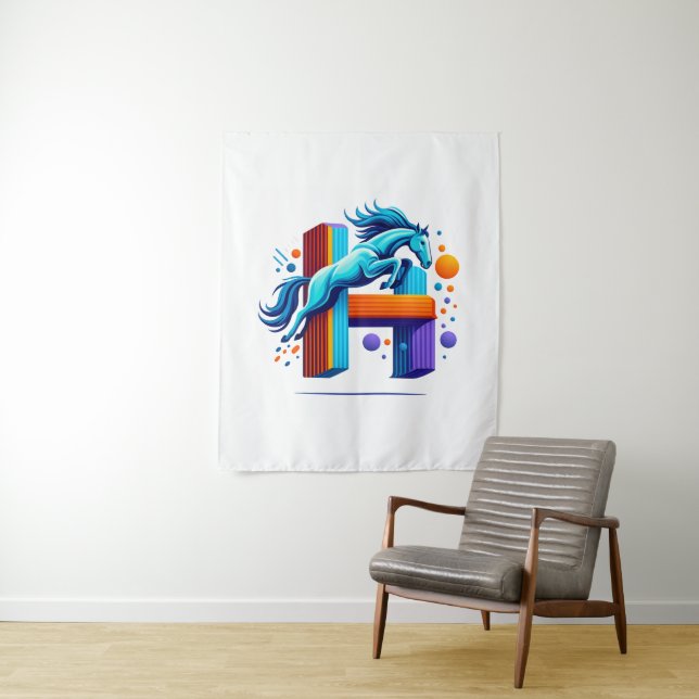 Neon Power Horse Jump Over H Letter Tapestry (In Situ)
